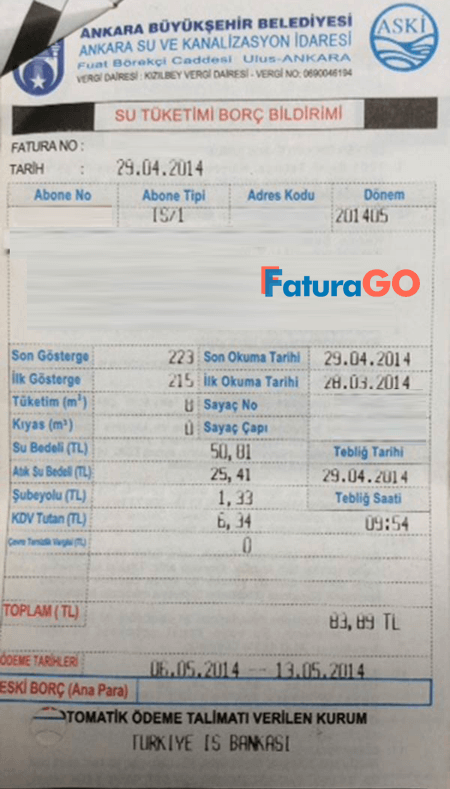 ASKİ Ankara Su Faturası Örneği