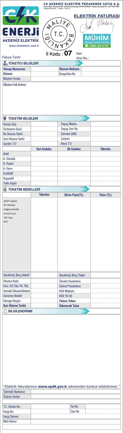 Akdeniz Edaş Elektrik Faturası Örneği