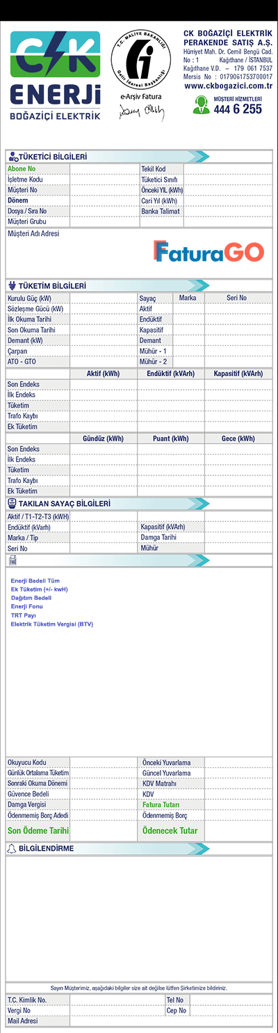 Bedaş Elektrik Faturası Örneği