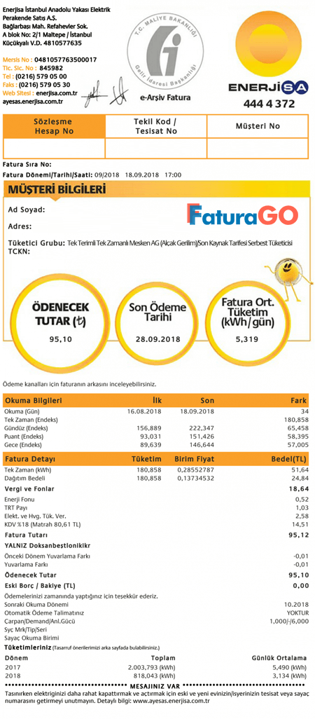 Enerjisa Elektrik Faturası Örneği