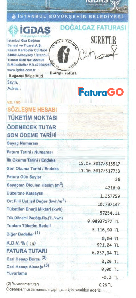 İgdaş Doğalgaz Faturası Örneği