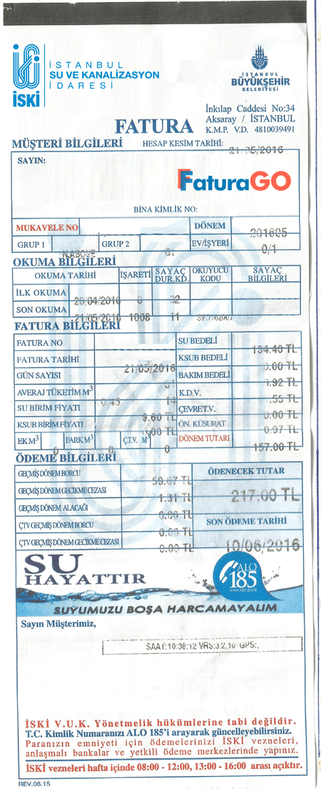 İski Su Faturası Örneği