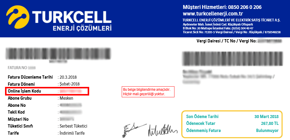 Turkcell Enerji Fatura Online İşlem No Nerde Yazar