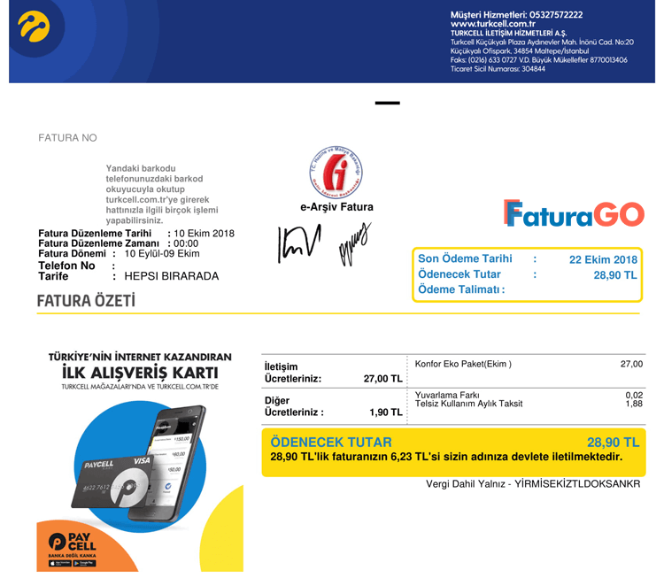 Turkcell Telefon Faturası Örneği